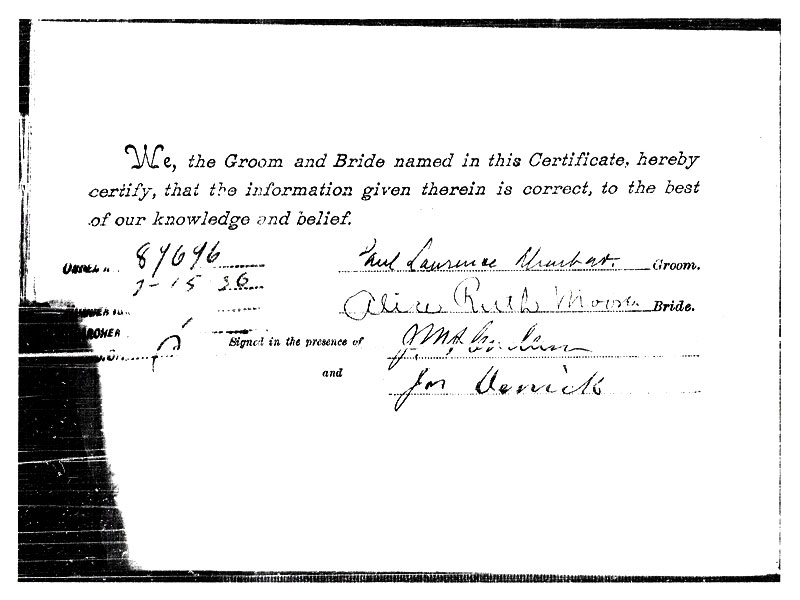 Marriage certificate of Paul Laurence Dunbar