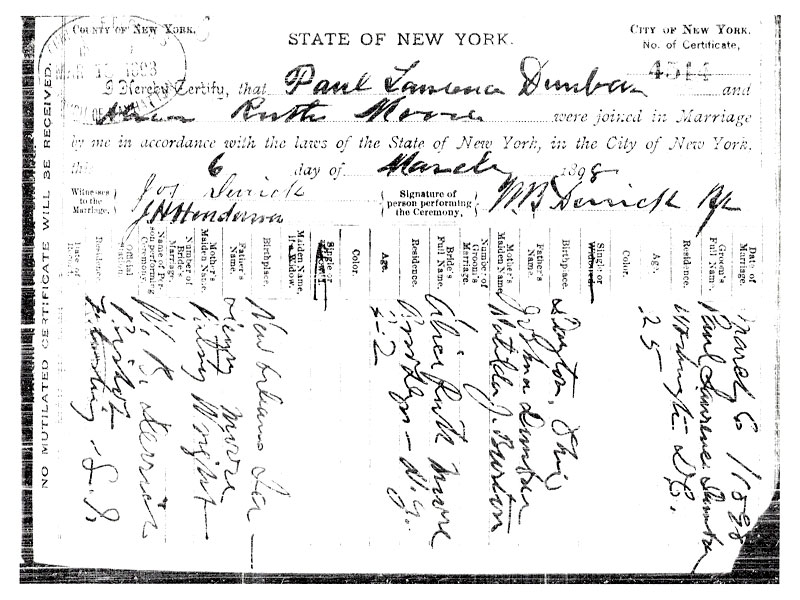 Marriage certificate of Paul Laurence Dunbar