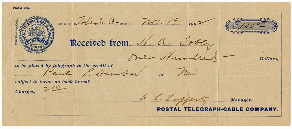 Receipt for $100 from Dr. Tobey