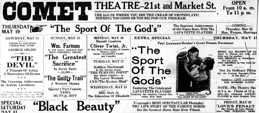 Newspaper advertisement for The Sport of the Gods film